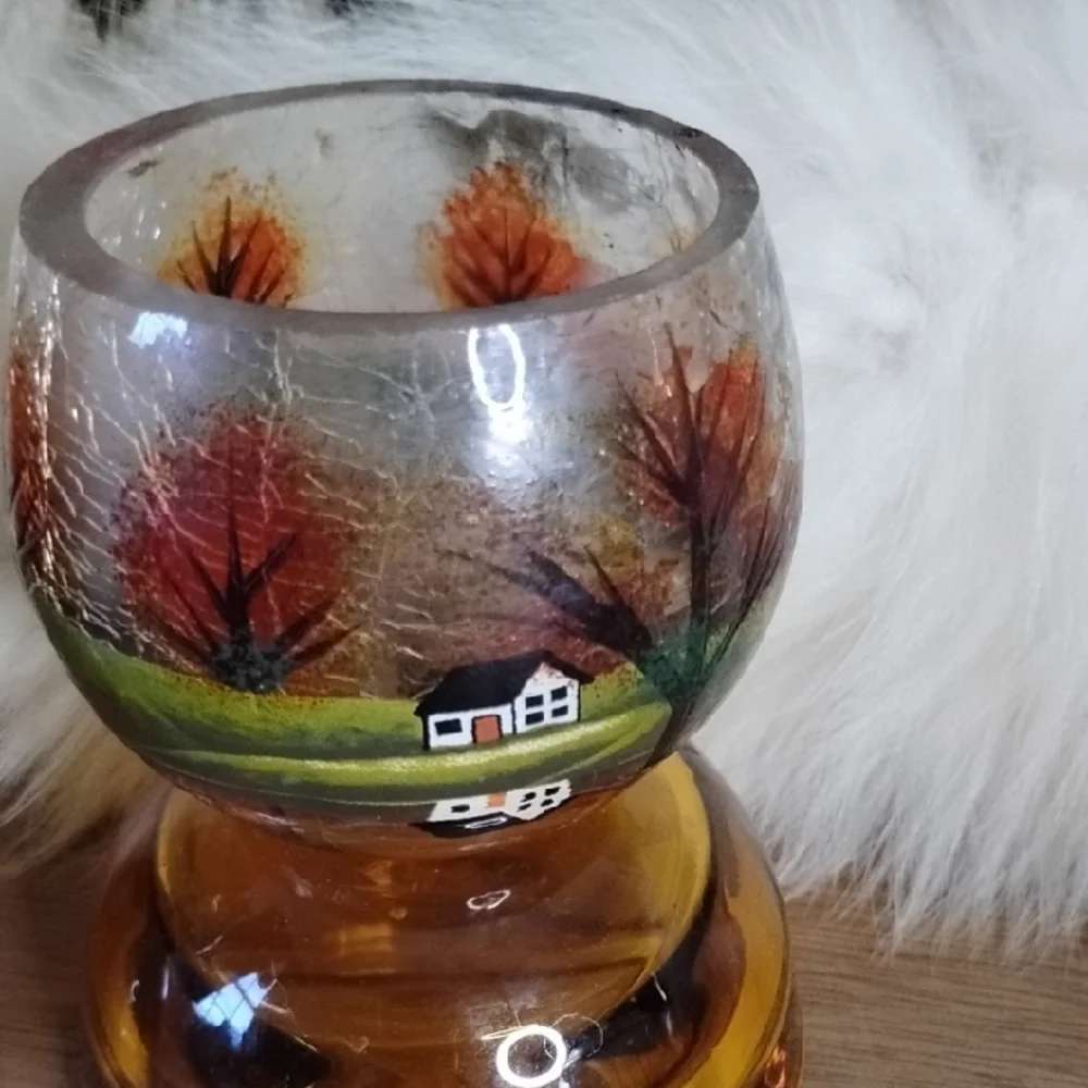. Vintage Hand Painted Glass Candle Holders - Autumn Country Farmhouse Scene